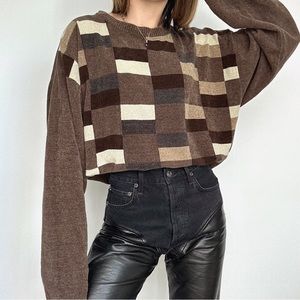 Vintage Oversized Checker Print Chenille Sweater Brown
